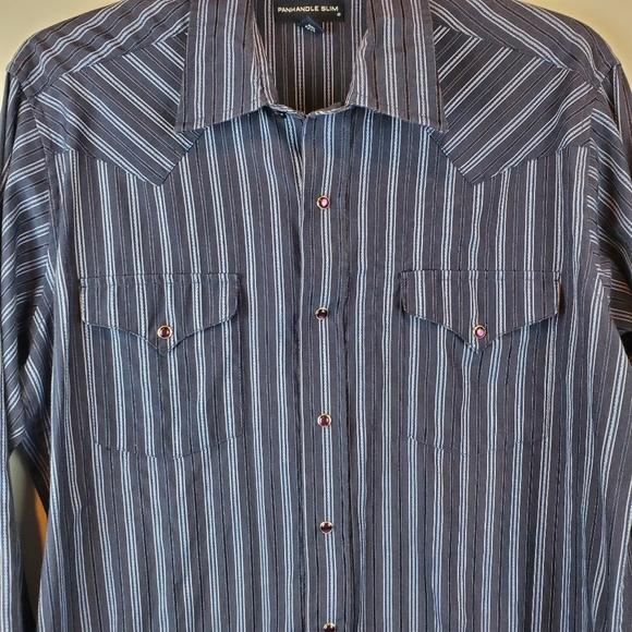 Panhandle Slim Blue Striped Western Purple Pearl Snap Button Down Shirt L Mens - Picture 6 of 15
